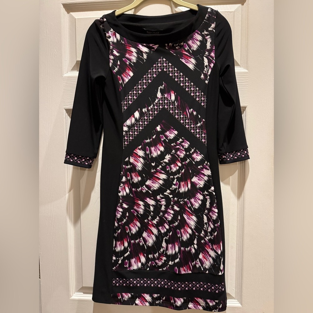 White House Black Market Elegant Black and Pink Patterned Dress 3/4 sleeve XXS